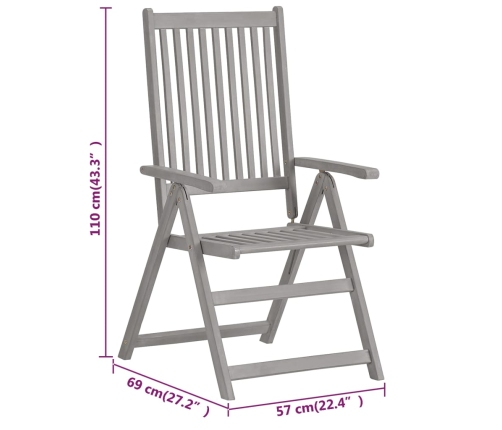 Sillas de jardín reclinables 3 uds madera maciza de acacia gris