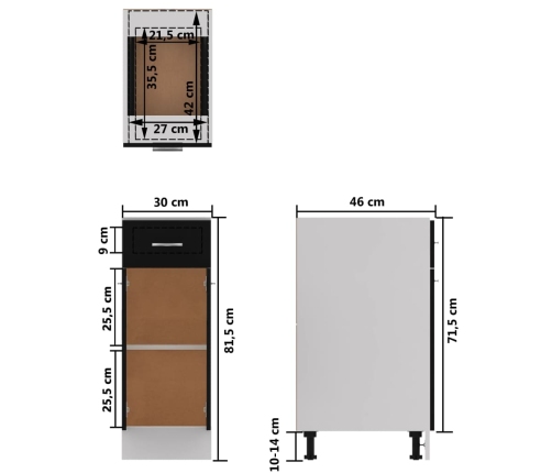 Armario inferior cajón de cocina madera de ingeniería negro