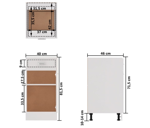 Armario bajo cajón cocina madera ingeniería blanca 40x46x81,5cm