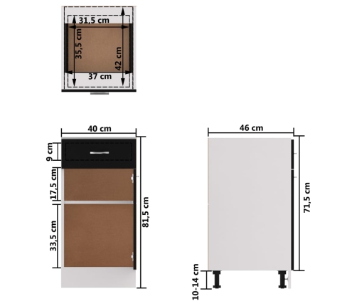 Armario bajo cajón cocina madera ingeniería negro 40x46x81,5cm