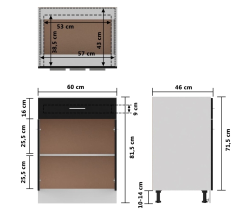 Armario inferior cajón cocina madera ingeniería negro 60x46x81,5cm