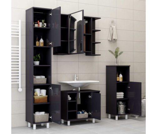 Armario de baño madera contrachapada gris brillo 30x30x95 cm