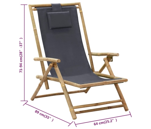 Silla de relax reclinable de bambú y tela gris oscuro