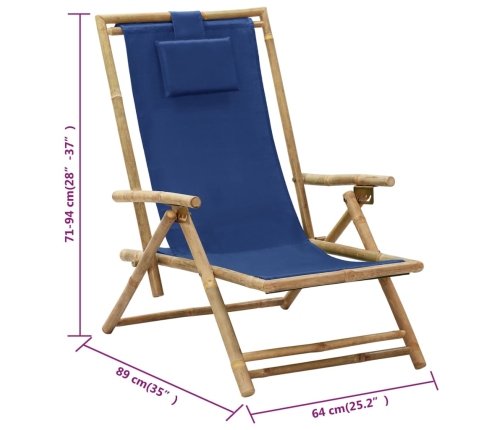 Silla de relax reclinable de bambú y tela azul marino