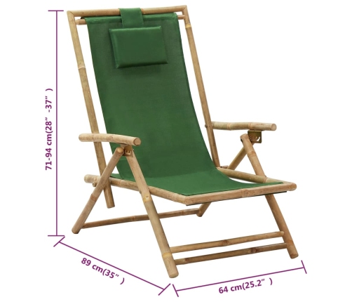 vidaXL Silla de relax reclinable de bambú y tela verde