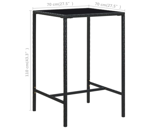 Mesa alta de jardín ratán sintético y vidrio negro 70x70x110 cm