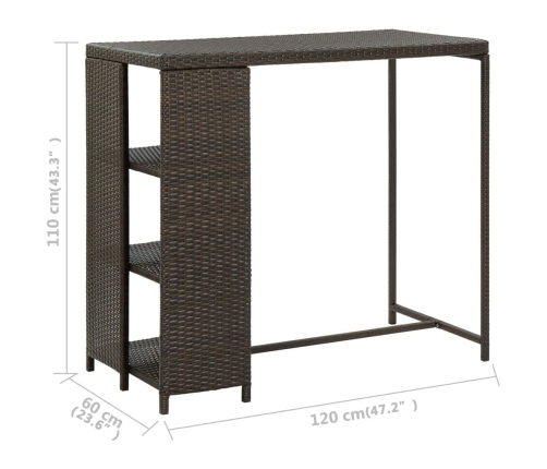 vidaXL Mesa bar estante almacenaje 120x60x110cm ratán sintético marrón