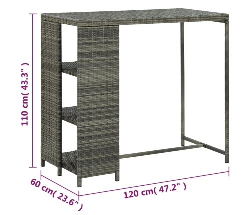 vidaXL Mesa bar estante almacenaje 120x60x110cm ratán sintético gris