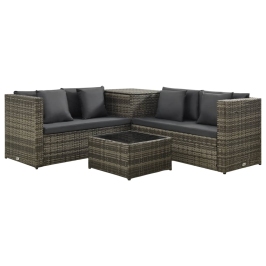 Set de sofás de jardín 4 piezas y cojines ratán sintético gris