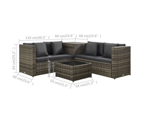 Set de sofás de jardín 4 piezas y cojines ratán sintético gris