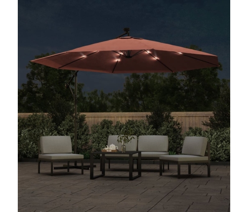 Sombrilla de jardín voladiza con luces LED terracota 350 cm