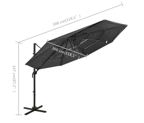 Sombrilla jardín de 4 niveles palo de aluminio antracita 3x3 cm