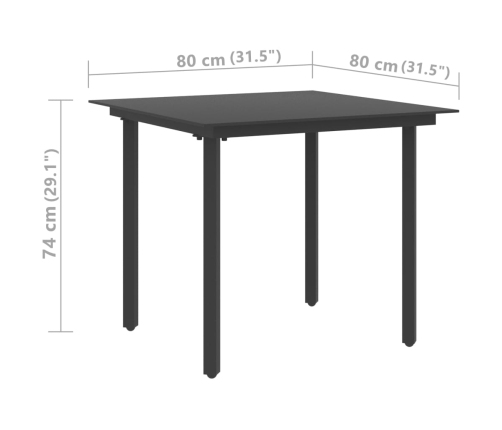 Mesa de comedor de jardín acero y vidrio negro 80x80x74 cm