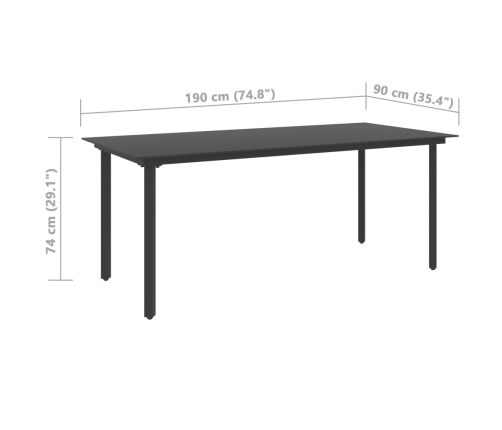 Mesa de comedor para jardín acero y vidrio negro 190x90x74 cm