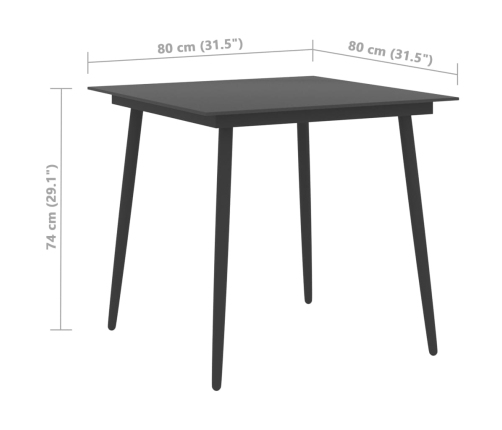 Mesa de comedor para jardín acero y vidrio negro 80x80x74 cm