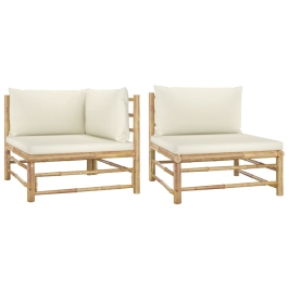 Set de muebles de jardín 2 piezas bambú y cojines blanco crema