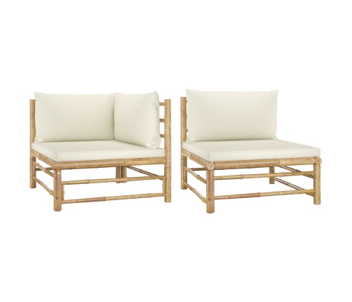 Set de muebles de jardín 2 piezas bambú y cojines blanco crema