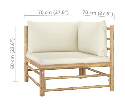 Set de muebles de jardín 2 piezas bambú y cojines blanco crema