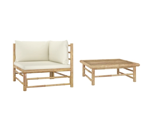 Set de muebles de jardín 2 piezas bambú y cojines blanco crema