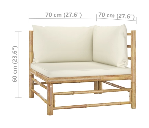 Set de muebles de jardín 2 piezas bambú y cojines blanco crema