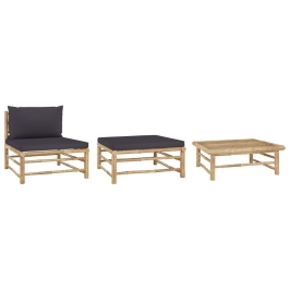 Set de muebles de jardín 3 piezas bambú y cojines gris oscuro