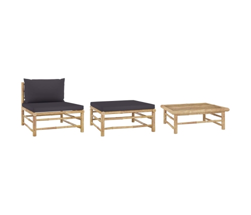 Set de muebles de jardín 3 piezas bambú y cojines gris oscuro