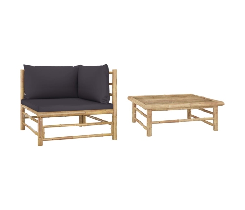 Set de muebles de jardín 2 piezas bambú y cojines gris oscuro