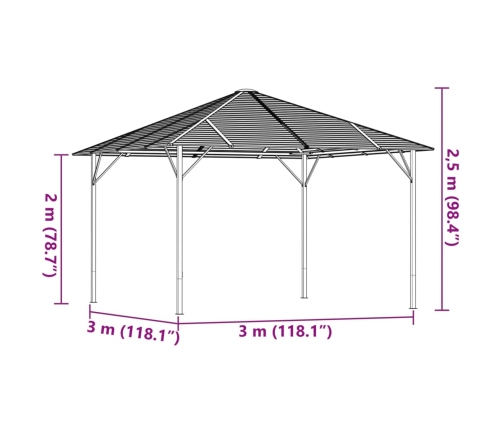 Cenador con techo gris antracita 3x3 m