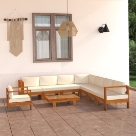Muebles de jardín 9 pzas cojines blanco crema madera de acacia