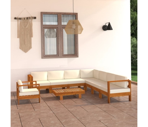 Muebles de jardín 9 pzas cojines blanco crema madera de acacia