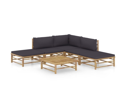 Set de muebles de jardín 6 piezas bambú con cojines gris oscuro