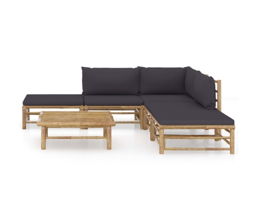 Set de muebles de jardín 6 piezas bambú con cojines gris oscuro