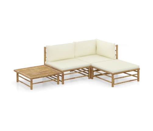 Set de muebles de jardín 4 piezas bambú y cojines blanco crema