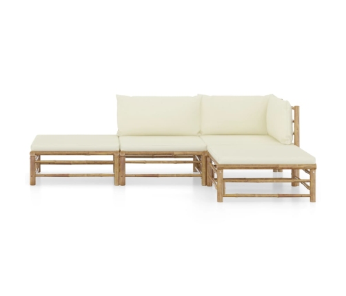 Set de muebles de jardín 4 piezas bambú y cojines blanco crema