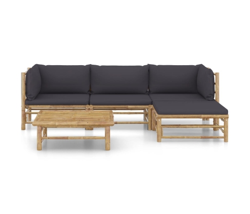 Set de muebles de jardín 5 piezas bambú con cojines gris oscuro