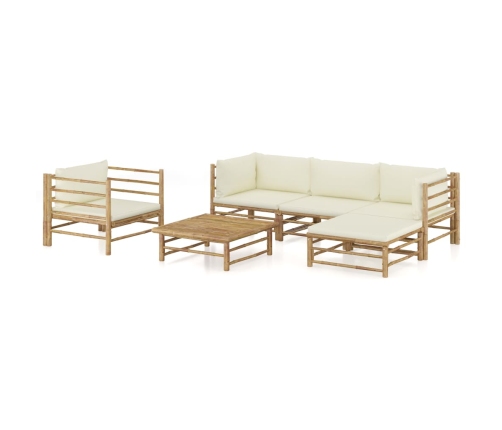Set de muebles de jardín 6 piezas bambú y cojines blanco crema