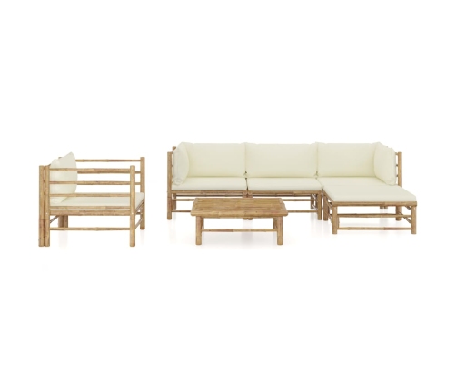 Set de muebles de jardín 6 piezas bambú y cojines blanco crema
