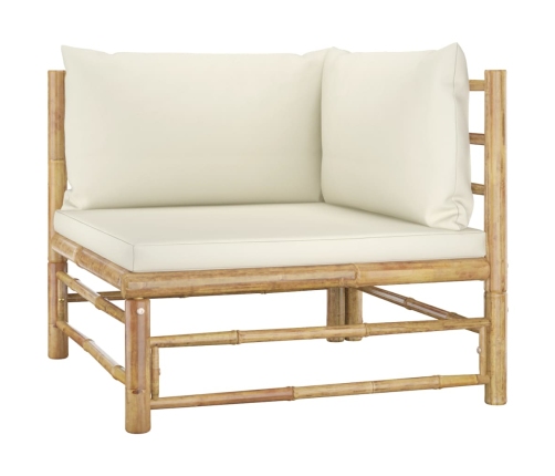 Set de muebles de jardín 6 piezas bambú y cojines blanco crema