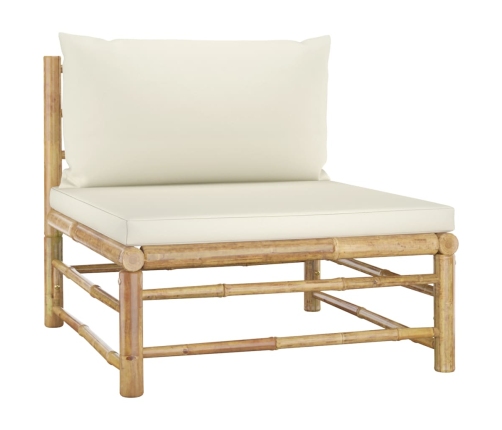 Set de muebles de jardín 6 piezas bambú y cojines blanco crema