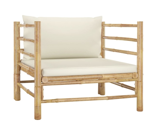 Set de muebles de jardín 6 piezas bambú y cojines blanco crema