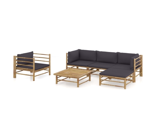 Set de muebles de jardín 6 piezas bambú con cojines gris oscuro