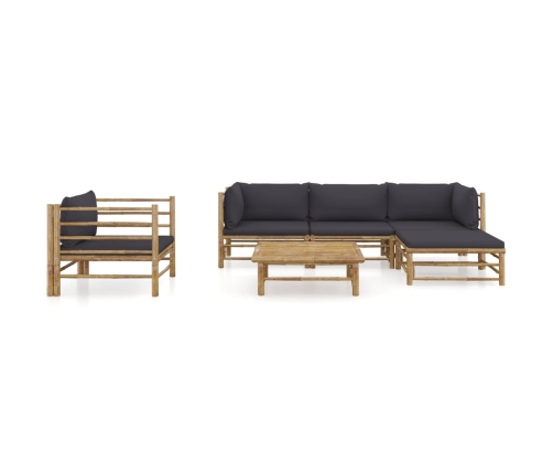 Set de muebles de jardín 6 piezas bambú con cojines gris oscuro