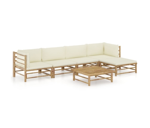 Set de muebles de jardín 6 piezas bambú y cojines blanco crema