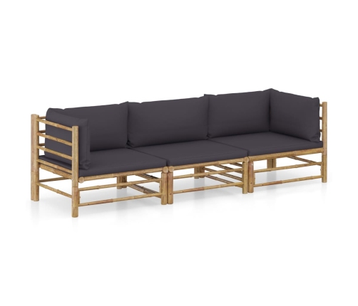 Set de muebles de jardín 3 piezas bambú y cojines gris oscuro