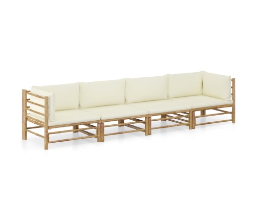 Set de muebles de jardín 4 piezas bambú y cojines blanco crema