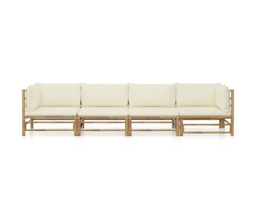 Set de muebles de jardín 4 piezas bambú y cojines blanco crema