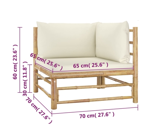 Set de muebles de jardín 4 piezas bambú y cojines blanco crema