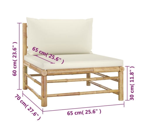 Set de muebles de jardín 4 piezas bambú y cojines blanco crema