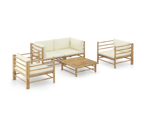 Set de muebles de jardín 5 piezas bambú y cojines blanco crema