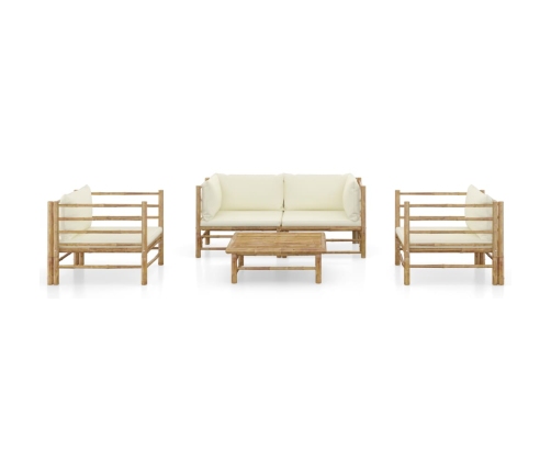 Set de muebles de jardín 5 piezas bambú y cojines blanco crema